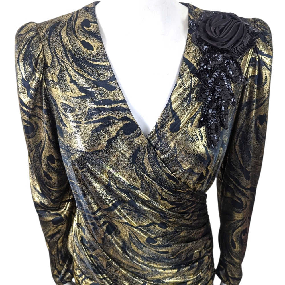 Vintage 80s Metallic Gold Party Dress Cocktail Party Evening Glam Disco Medium - Picture 2 of 10